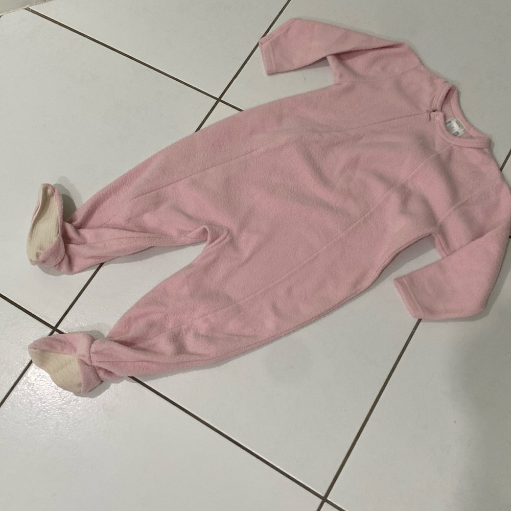 Pink Fleece onesie outfit by Lands’ End.